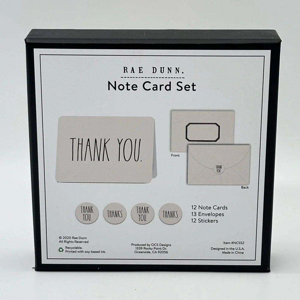 Rae Dunn THANK YOU. (White) Note Card Set with Envelopes and Stickers